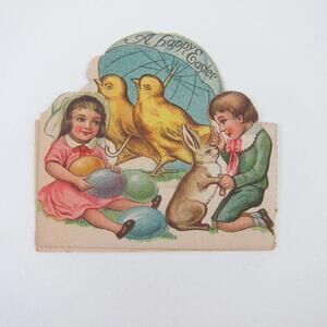 Antique Easter Greeting Card Girl Pink Dress Boy Blue Sailor Suit Chicks Eggs